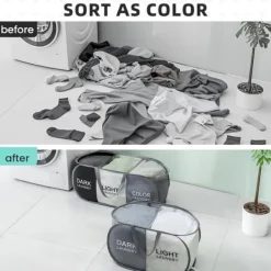 New Hopfällbar tvättkorg med 3 fack, bärbar klädförvaring för smutstvätt, resor och tvättstuga