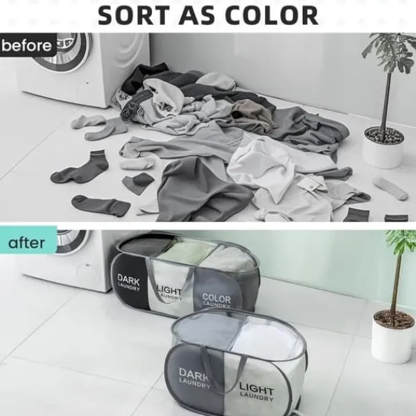 New Hopfällbar tvättkorg med 3 fack, bärbar klädförvaring för smutstvätt, resor och tvättstuga