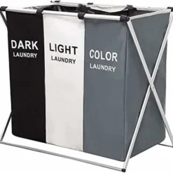 Hopfällbar tvättkorg Trippel tvättsorterare 3 avtagbara påsar (155L) med tyghandtag för badrum Hemtvätt 68x38x60cm (Grå Vit Svart)-FD-