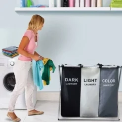 Hopfällbar tvättkorg Trippel tvättsorterare 3 avtagbara påsar (155L) med tyghandtag för badrum Hemtvätt 68x38x60cm (Grå Vit Svart)-FD-