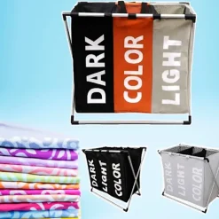 Satana Sverige (Dev) Hopvikbar tvättkorg med 3-delar för tvättsortering Svart