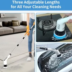 Clearance 9-i-1 Elektrisk Rengöringsborste, Elektrisk Skrubber med Förlängningshandtag, 25W Effekt, 420RPM & 90min Drifttid, 2500mAh Batteri