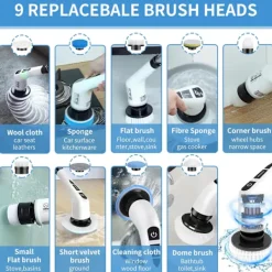 Clearance 9-i-1 Elektrisk Rengöringsborste, Elektrisk Skrubber med Förlängningshandtag, 25W Effekt, 420RPM & 90min Drifttid, 2500mAh Batteri