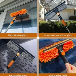 2-i-1 Fönsterputsare med Skrapa och Dammtork, Över 6m Räckvidd - Roterande Verktyg med 0,9-4,2m Teleskopstång
