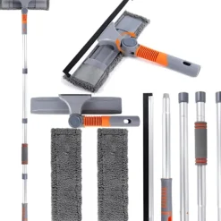 Clearance 5-i-1 Professionell Fönsterskrapa, Fönsterrengöringskit med 2 Mikrofiberdukar och 162cm Teleskophandtag, med Flexibelt Huvud