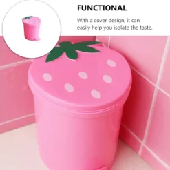 Online Jordgubbs papperskorg Mini skrivbords papperskorg med lock Kawaii papperskorg Små papperskorgar Söt plast papperskorg för skrivbord Bil Kontor Kök