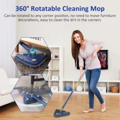Best Justerbar 360° roterande triangulär teleskopmopp med automatisk vattenurvridningsfunktion, 5 rengöringsdukar, mikrofiberstretchmopp (blå)