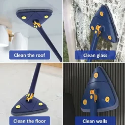 Best Justerbar 360° roterande triangulär teleskopmopp med automatisk vattenurvridningsfunktion, 5 rengöringsdukar, mikrofiberstretchmopp (blå)