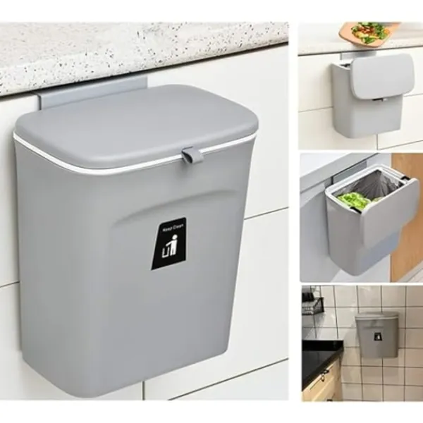 Outlet Kök Kompost Bin - 9L - Bänkskiva eller diskbänk Sopbehållare, Små Hängande Sopbehållare med lock för Badrum/Sovrum (Grå)