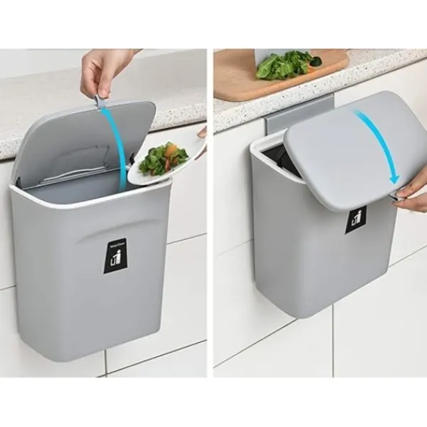 Outlet Kök Kompost Bin - 9L - Bänkskiva eller diskbänk Sopbehållare, Små Hängande Sopbehållare med lock för Badrum/Sovrum (Grå)