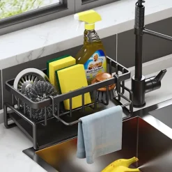 Kök Organisatör, Rostfritt Stål Diskho Organisatör med Självdrenerande Avloppsfack för Svampställ, Handdukshållare, Svart. Black