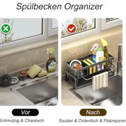 Kök Organisatör, Rostfritt Stål Diskho Organisatör med Självdrenerande Avloppsfack för Svampställ, Handdukshållare, Svart. Black