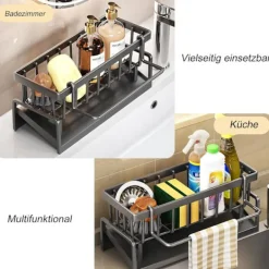 Kök Organisatör, Rostfritt Stål Diskho Organisatör med Självdrenerande Avloppsfack för Svampställ, Handdukshållare, Svart. Black