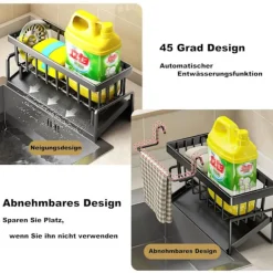 Kök Organisatör, Rostfritt Stål Diskho Organisatör med Självdrenerande Avloppsfack för Svampställ, Handdukshållare, Svart. Black