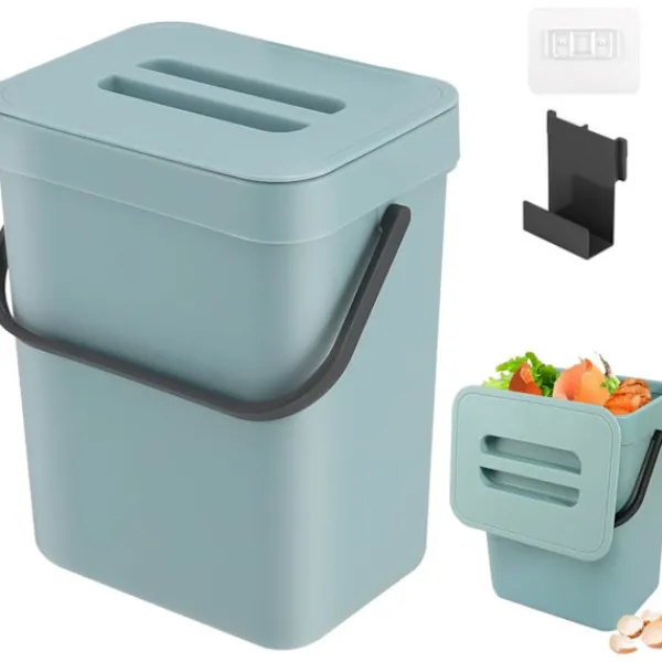 Online Köksavfallskorg, liten kompostbehållare för kök, bänkskiva avfallskorg med lock, hängande avfallskorg