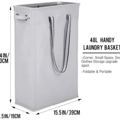 Kläd tvättkorg, 60CM Praktisk hängande tvättkorg Hög och smal tvättkorg Vattentät tvättpåse med andningsbart nätlock Tvättpåse, Grå