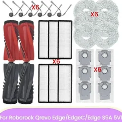 New Kompatibel med Roborock Qrevo Edge/EdgeC/Edge S5A Ersättningsdelar: 5V1 Huvudsida Borste, HEPA-filter, Dammpåse & Moppduk-Perfekt