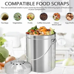 Sale Komposthink för Köksbänk, 5 Liter Rostfri Kompostbehållare Inomhus med Lock, Luktfri Matavfallshink