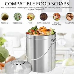 Sale Komposthink för Köksbänk, 5 Liter Rostfri Kompostbehållare Inomhus med Lock, Luktfri Matavfallshink