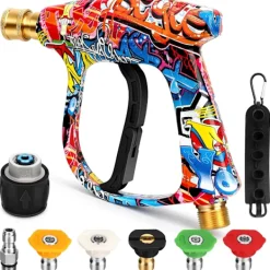 Clearance Kort högtryckstvättpistol med 5 munstycken, 4000PSI rengöringsvapen bil tvätt vattenpistol M22-14mm till 1/4'' slangkoppling