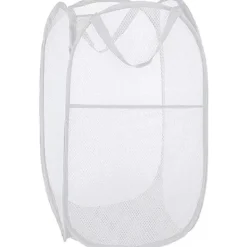 New 75L Deluxe Stark Mesh Pop-up Tvättkorg med Sidoficka för Tvättstuga, Badrum, Barnrum, Studentboende (Vit, 36x36x60cm)