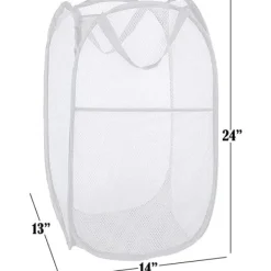 New 75L Deluxe Stark Mesh Pop-up Tvättkorg med Sidoficka för Tvättstuga, Badrum, Barnrum, Studentboende (Vit, 36x36x60cm)