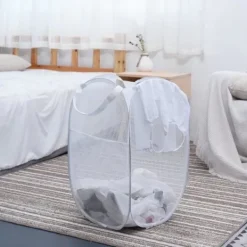 New 75L Deluxe Stark Mesh Pop-up Tvättkorg med Sidoficka för Tvättstuga, Badrum, Barnrum, Studentboende (Vit, 36x36x60cm)