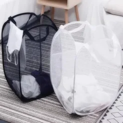 Best 75L Deluxe Stark Mesh Pop-up Tvättkorg med Sidoficka för Tvättstuga, Badrum, Barnrum, Studentboende eller Resor Vit, 36x36x60cm