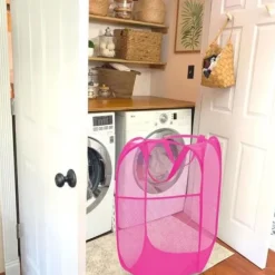 Discount 75L Deluxe Stark Mesh Pop-up Tvättkorg med Sidoficka för Tvättstuga, Badrum, Barnrum, Studentboende eller Resor Blush, 36x36x60cm
