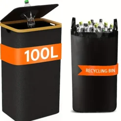 Clearance 100L/26 Gallon Insamlingskärl för inomhusbruk med innerpåse, tillverkad av rivtålig 600D Oxford-tyg, används för att samla in olika flaskor och kartonger i köket. | Fyndiq Black