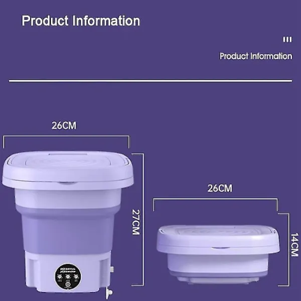 New 8L Hopfällbar tvättmaskin, bärbar för strumpor och underkläder, hopfällbar hushållstvättmaskin, 3 modeller med centrifugering, EU Lila EU Purple