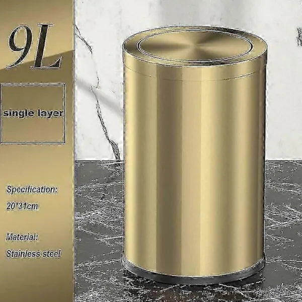 Online 9L Liten Badrumstunna med Svänglock, Guld Stål Avfallskorg, Kompakt 20x31cm Badrumstunna