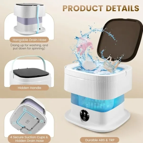 10L Mini Camping Tvättmaskin Hopfällbar - Liten Med Centrifug - Djuprengöring Underkläder, Babykläder