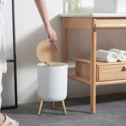 Discount LBSS 7L Papperskorg Liten Soptunnor med Lock Press-typ och Träfötter, Nordiska Avfallskärl för Badrum, Sovrum, Hushållsbruk, Kontor White