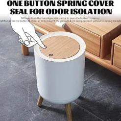 Discount LBSS 7L Papperskorg Liten Soptunnor med Lock Press-typ och Träfötter, Nordiska Avfallskärl för Badrum, Sovrum, Hushållsbruk, Kontor White