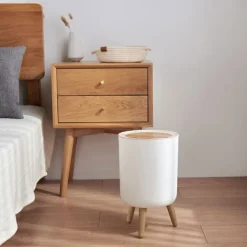 Discount LBSS 7L Papperskorg Liten Soptunnor med Lock Press-typ och Träfötter, Nordiska Avfallskärl för Badrum, Sovrum, Hushållsbruk, Kontor White