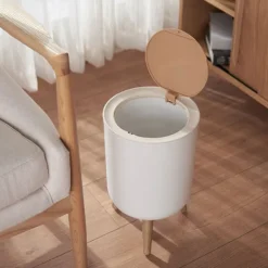 Discount LBSS 7L Papperskorg Liten Soptunnor med Lock Press-typ och Träfötter, Nordiska Avfallskärl för Badrum, Sovrum, Hushållsbruk, Kontor White