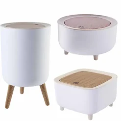 Discount LBSS 7L Papperskorg Liten Soptunnor med Lock Press-typ och Träfötter, Nordiska Avfallskärl för Badrum, Sovrum, Hushållsbruk, Kontor White