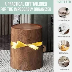 Hot 12/15L Papperskorg med Lock - Valnötsbrun Trämönstrad Badrumspapperskorg-FQ- 12L