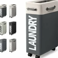 Discount 45L Smal Hopfällbar Tvättkorg med 4 Hjul Smal Vikbar Tvättkorg Rektangulär Tvättkorg för Förvaring av Kläder Hemma (Vit + Mörkgrå)/NC/