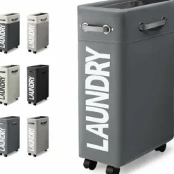 45L Smal Hopfällbar Tvättkorg med 4 Hjul Smal Vikbar Tvättkorg Rektangulär Tvättkorg för Förvaring av Kläder Hemma (Mörkgrå)/NC/