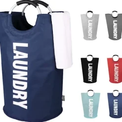 Hot HUOGUO 82L Stor tvättkorg, hopfällbar tvättkorg, fristående hög tvättkorg, hopfällbar tvättkorg (mörkblå)