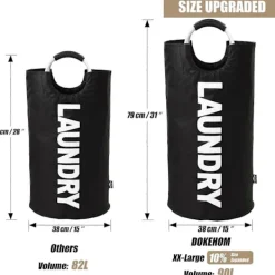 Sale 90L Stor Tvättkorg, Hopfällbar Tvättsäck, Fristående Hög Klädkorg, Vikbar Tvättkorg (Svart)