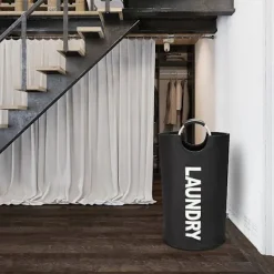 Sale 90L Stor Tvättkorg, Hopfällbar Tvättsäck, Fristående Hög Klädkorg, Vikbar Tvättkorg (Svart)