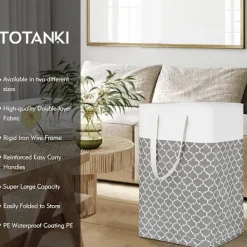 Online 80L Tvättkorg (Grå), Stor Tvättkorg med Förstärkta Långa Handtag, Fällbar Fristående Klädkorg, Vattentät Förvaringskorg för Be