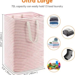 New 72L Vikbar Tvättkorg, Smutsig Tvättkorg Tvättsäck med Förlängda Handtag för Klädförvaring i Sovrum Badrum, Rosa
