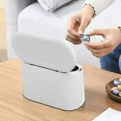 Clearance Liten Bordsavfallsbehållare Med Tryckknappslock För Kontor, Badrum, Kök Och Sovrum, Djurfoderförråd, Vit