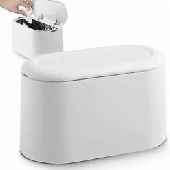 Outlet Liten Bordsavfallsbehållare Med Tryckknappslock För Kontor, Badrum, Kök Och Sovrum, Djurfoderförråd, Vit