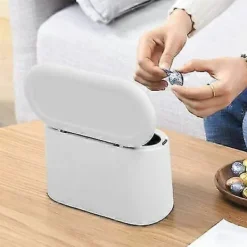 Outlet Liten Bordsavfallsbehållare Med Tryckknappslock För Kontor, Badrum, Kök Och Sovrum, Djurfoderförråd, Vit