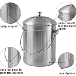 Luktfri Komposthink i Rostfritt Stål för Köket - Kompostbehållare för Köket - Inkluderar Ersättningskolfilter (Blankt Rostfritt Stål, 5 Liter).